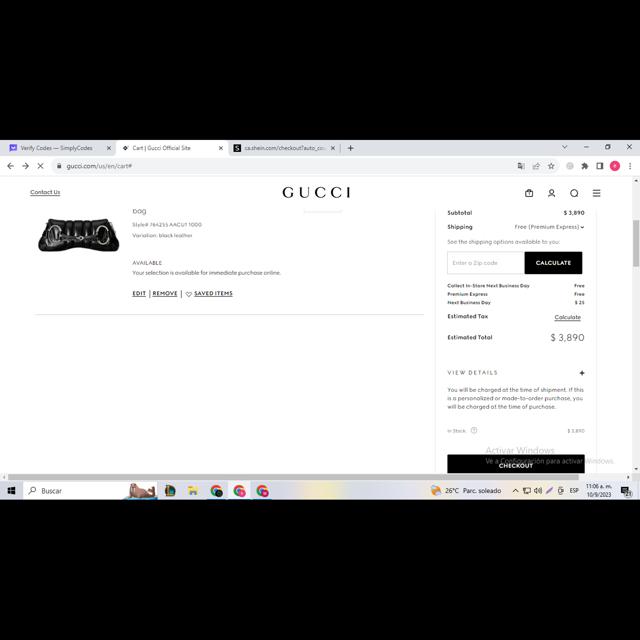 Gucci checkout page showing Gucci promo code box | Screenshot taken by SimplyCodes community member on Sep 10, 2023