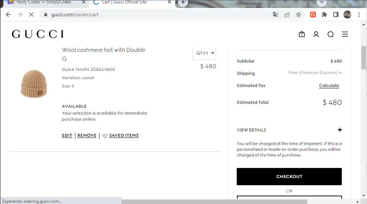 Gucci checkout page showing Gucci promo code box | Screenshot taken by SimplyCodes community member on Dec 9, 2023
