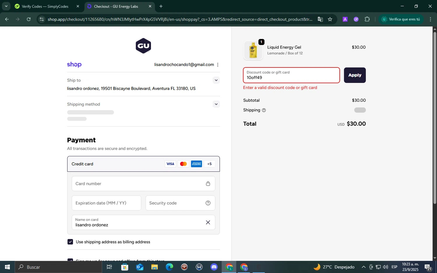 GU Energy discount code screenshot showing code 10off49 applied at GU Energy checkout page. Uploaded by SimplyCodes community member ValueExpert7524 on Sep 23, 2025
