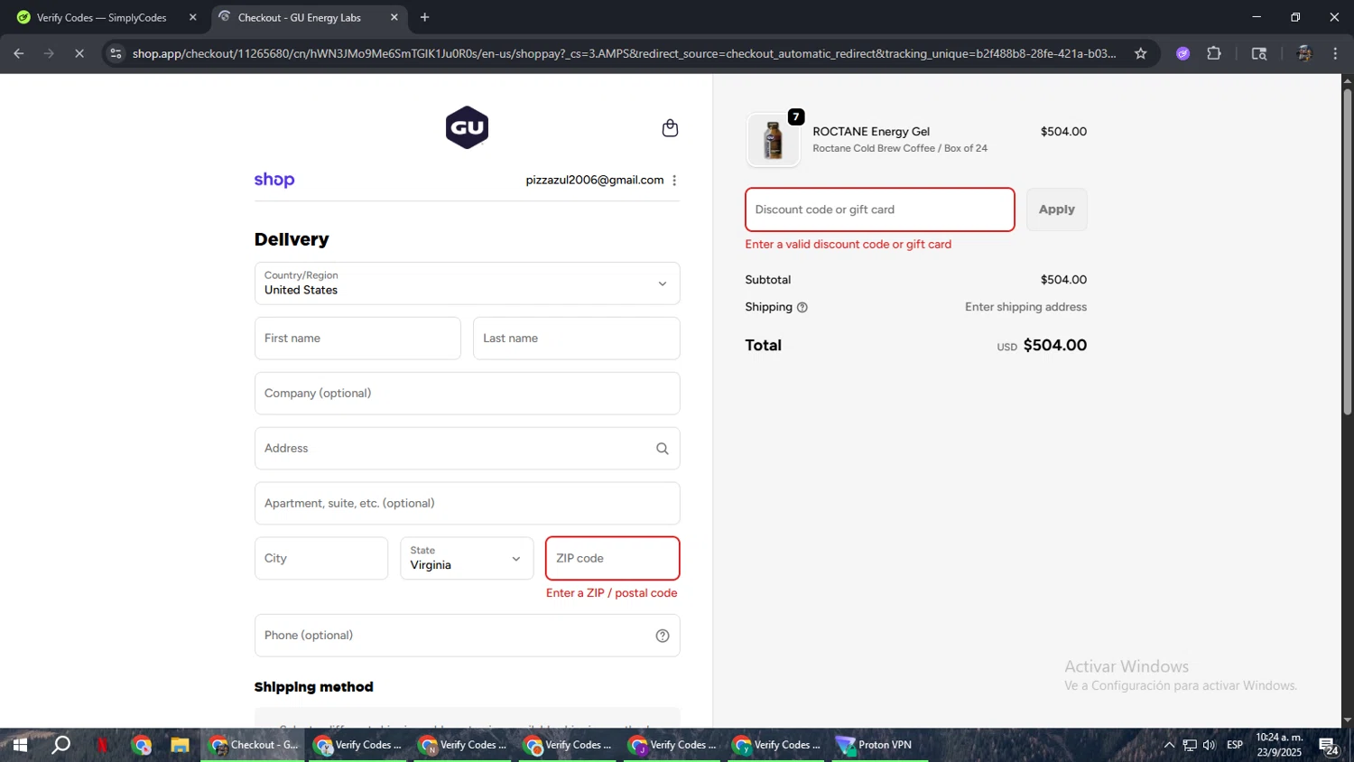 GU Energy discount code screenshot showing code 10off49 applied at GU Energy checkout page. Uploaded by SimplyCodes community member xxdddd on Sep 23, 2025