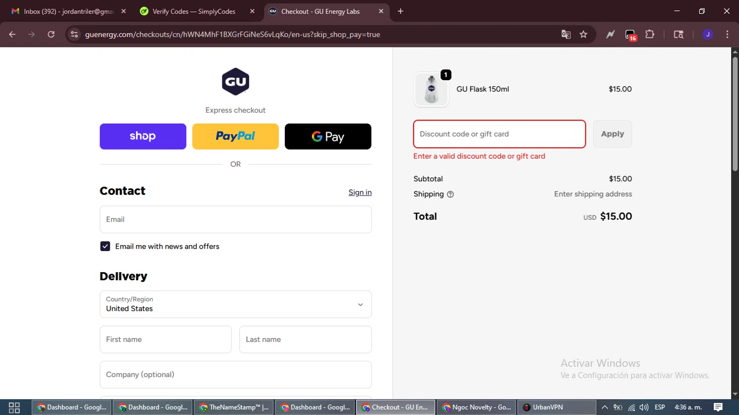 GU Energy discount code screenshot showing code FLASK4U applied at GU Energy checkout page. Uploaded by SimplyCodes community member LegendaryLegend9872 on Oct 21, 2025