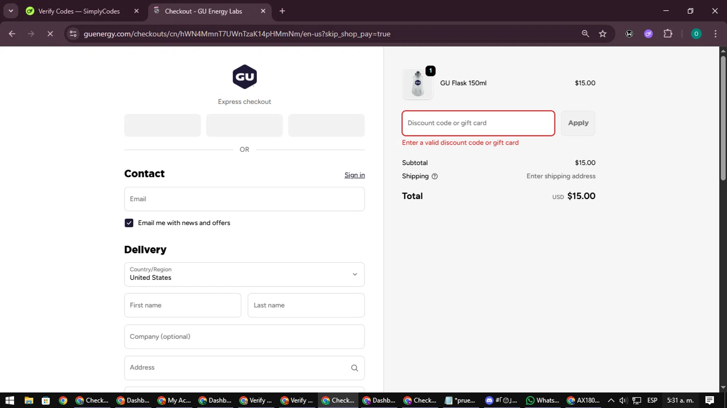 GU Energy discount code screenshot showing code FLASK4U applied at GU Energy checkout page. Uploaded by SimplyCodes community member LuckyDefender9428 on Oct 21, 2025