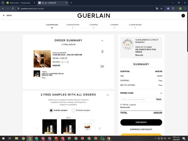 Guerlain checkout page showing Guerlain promo code box | Screenshot taken by SimplyCodes community member on Aug 10, 2025