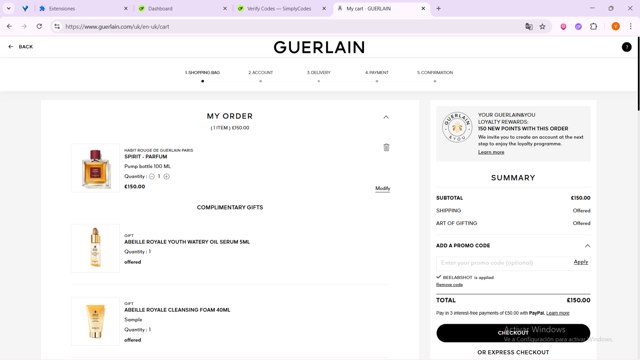 Guerlain checkout page showing Guerlain promo code box | Screenshot taken by SimplyCodes community member on Aug 16, 2025