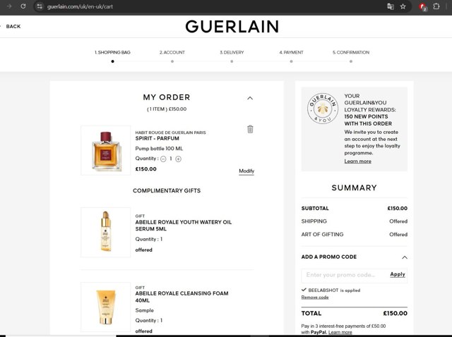 Guerlain checkout page showing Guerlain promo code box | Screenshot taken by SimplyCodes community member on Aug 11, 2025