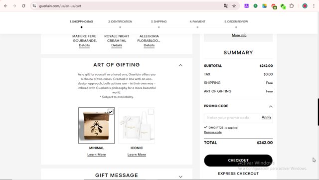 Guerlain checkout page showing Guerlain promo code box | Screenshot taken by SimplyCodes community member on Aug 26, 2025