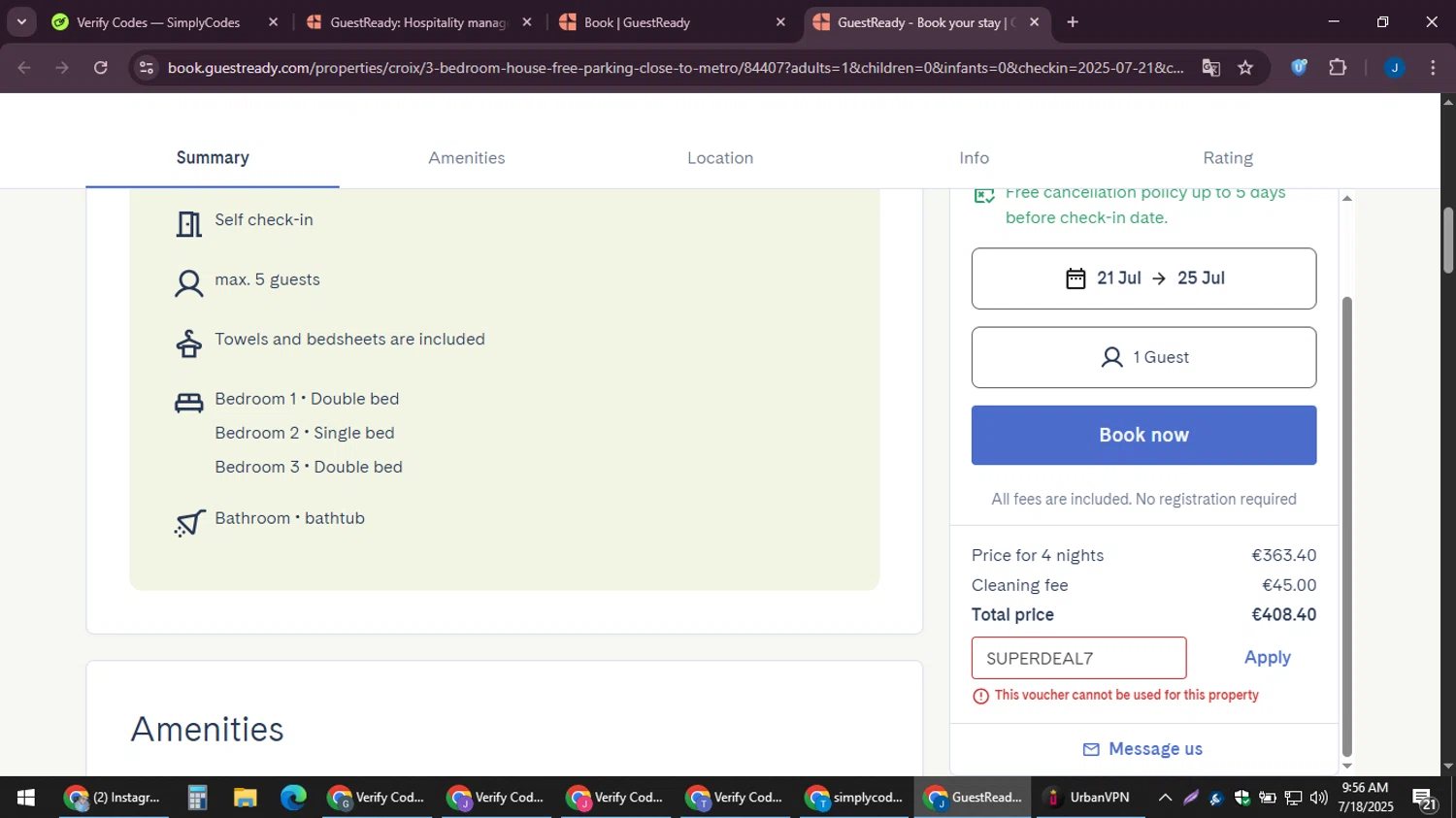 GuestReady promo code screenshot showing code SUPERDEAL7 applied at GuestReady checkout page. Uploaded by SimplyCodes community member noesmith34ur on Jul 18, 2025
