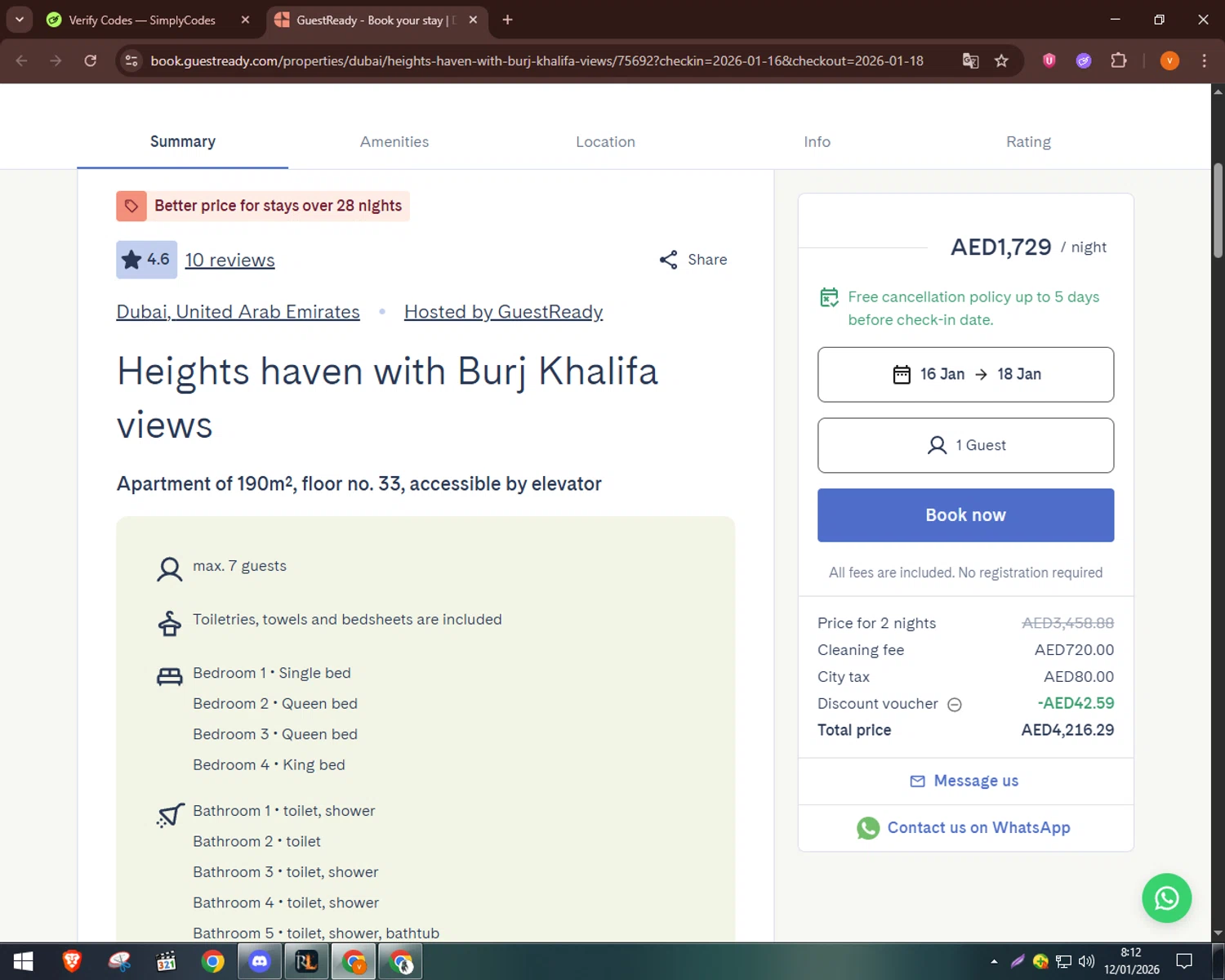 GuestReady promo code screenshot showing code ALEXREADY applied at GuestReady checkout page. Uploaded by SimplyCodes community member bulbasaur69 on Jan 12, 2026