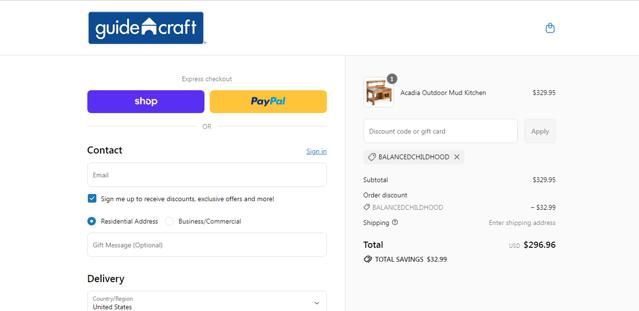 Guidecraft checkout page showing Guidecraft coupon code box | Screenshot taken by SimplyCodes community member on Sep 12, 2025