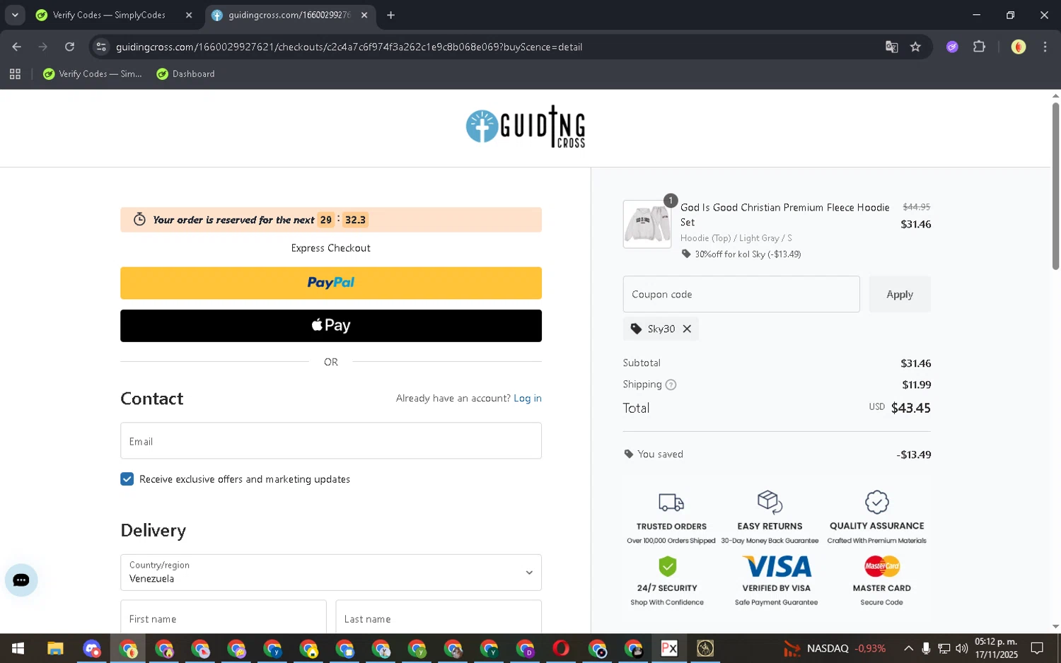 GuidingCross promo code screenshot showing code SKY30 applied at GuidingCross checkout page. Uploaded by SimplyCodes community member NobleCurator2111 on Nov 17, 2025