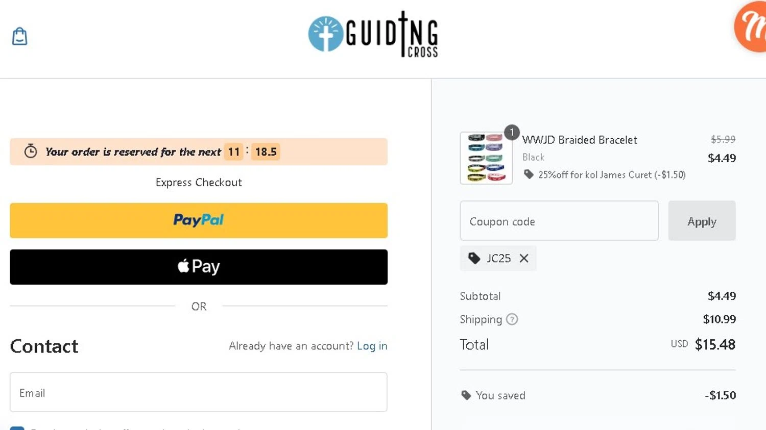 GuidingCross promo code screenshot showing code JC25 applied at GuidingCross checkout page. Uploaded by SimplyCodes community member Elcompa on Jul 29, 2025