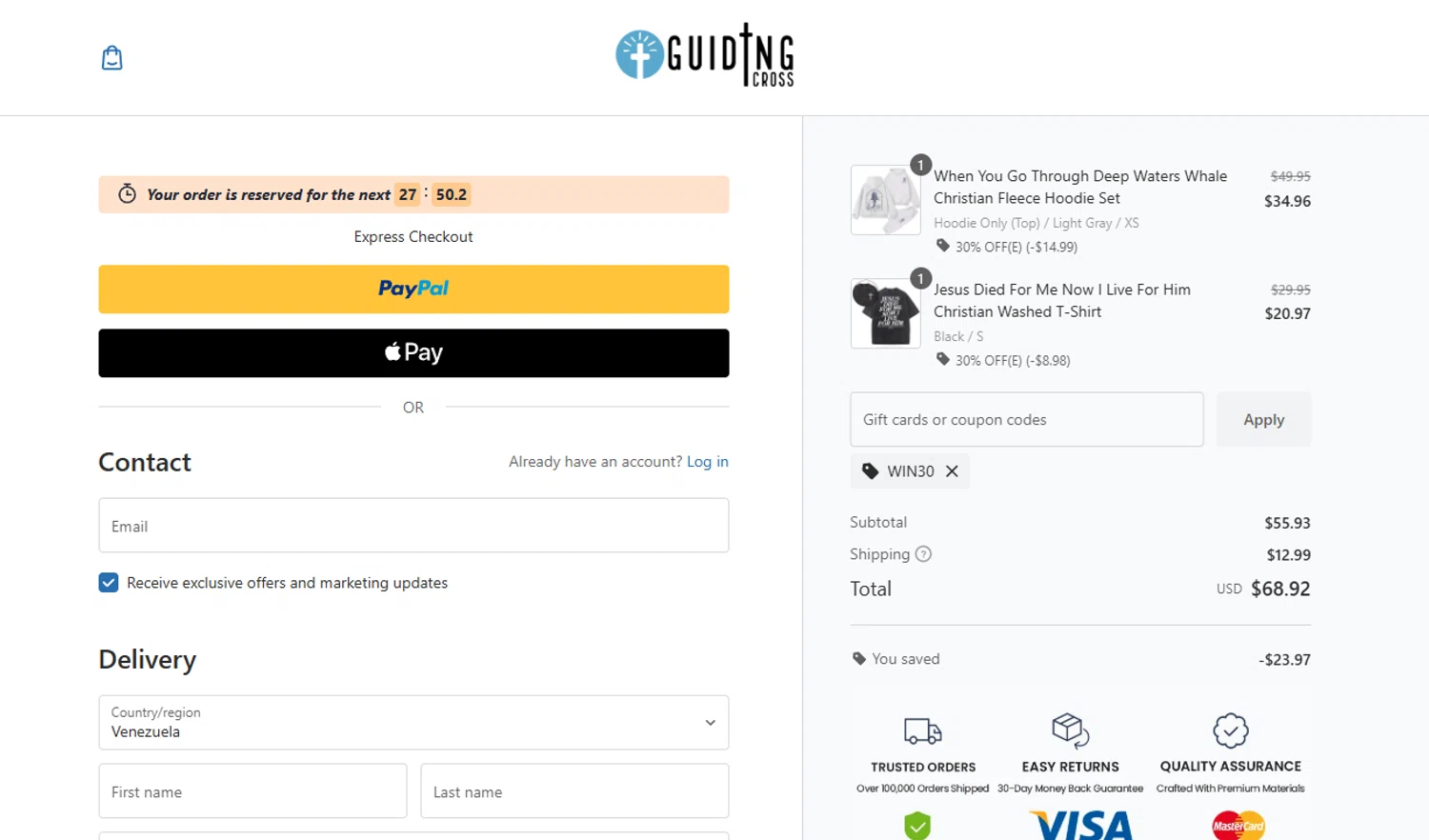 GuidingCross promo code screenshot showing code WIN30 applied at GuidingCross checkout page. Uploaded by SimplyCodes community member johngarcia on Dec 30, 2025