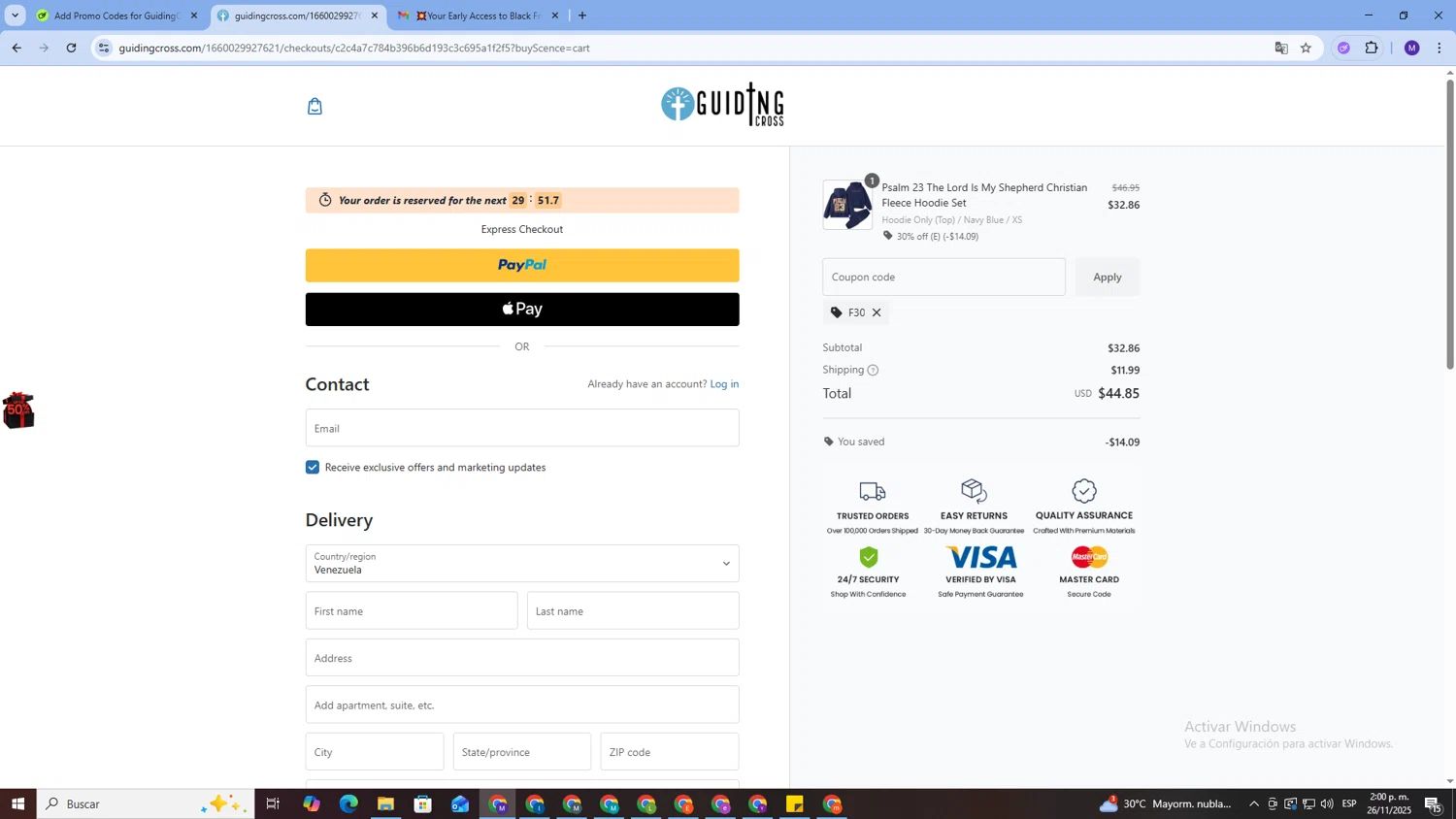GuidingCross promo code screenshot showing code f30 applied at GuidingCross checkout page. Uploaded by SimplyCodes community member manuel61escobar on Nov 26, 2025