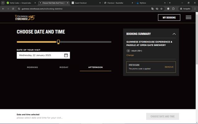 Guinness Storehouse checkout page showing Guinness Storehouse promo code box | Screenshot taken by SimplyCodes community member on Jan 1, 2025