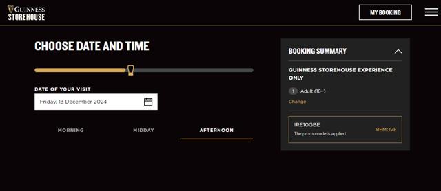 Guinness Storehouse checkout page showing Guinness Storehouse promo code box | Screenshot taken by SimplyCodes community member on Dec 14, 2024