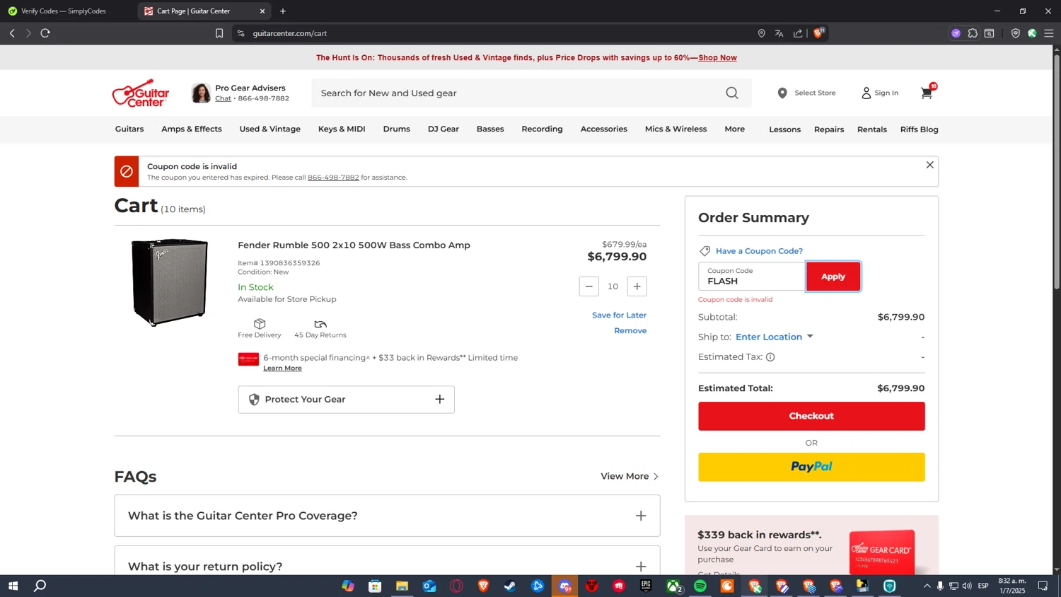 Guitar Center coupon code screenshot showing code FLASH applied at Guitar Center checkout page. Uploaded by SimplyCodes community member Soulcound on Jul 1, 2025
