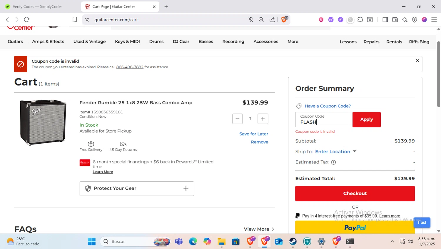 Guitar Center coupon code screenshot showing code FLASH applied at Guitar Center checkout page. Uploaded by SimplyCodes community member SapeGato on Jul 1, 2025