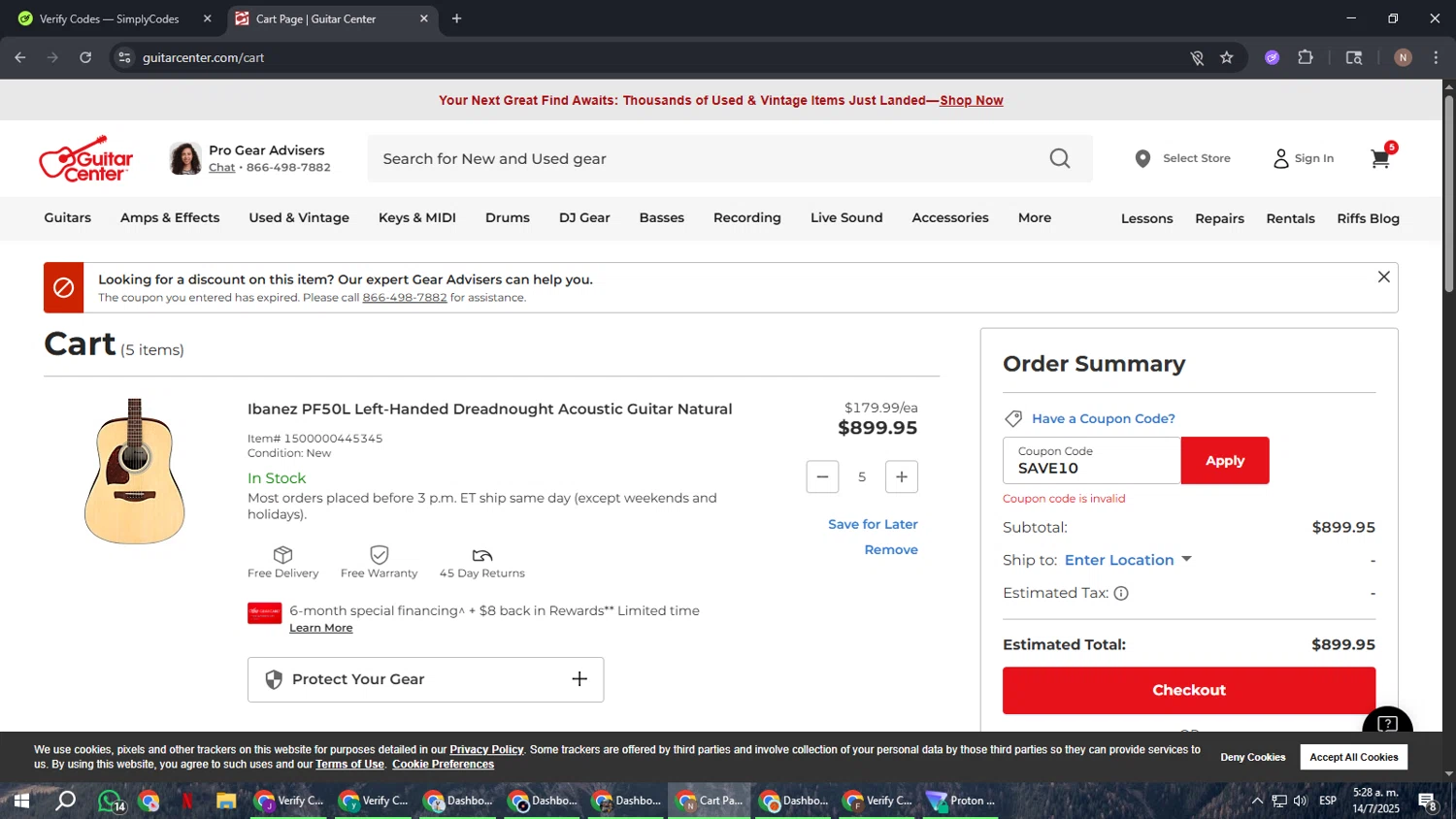 Guitar Center coupon code screenshot showing code SAVE10 applied at Guitar Center checkout page. Uploaded by SimplyCodes community member DiscountPioneer2554 on Jul 14, 2025
