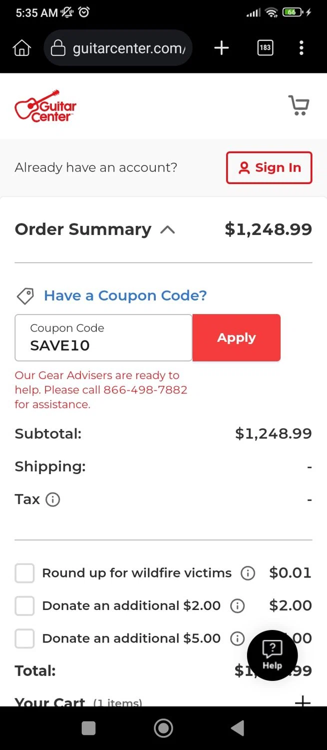 Guitar Center coupon code screenshot showing code SAVE10 applied at Guitar Center checkout page. Uploaded by SimplyCodes community member User07 on Jul 14, 2025