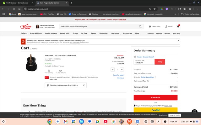 Guitar Center checkout page showing Guitar Center coupon code box | Screenshot taken by SimplyCodes community member on Jul 8, 2025