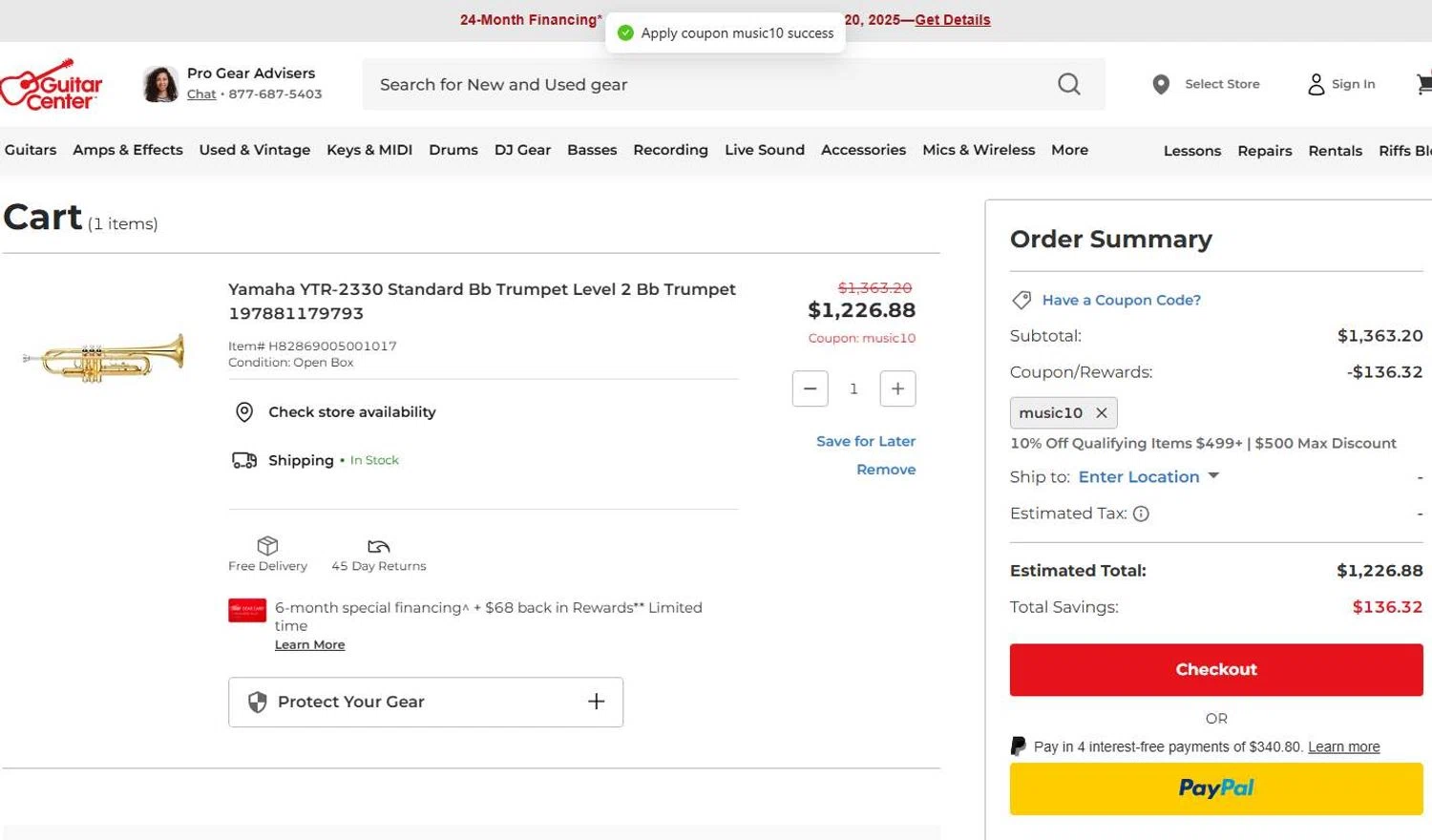 Guitar Center coupon code screenshot showing code music10 applied at Guitar Center checkout page. Uploaded by SimplyCodes community member 6d796e616d656973 on Aug 8, 2025