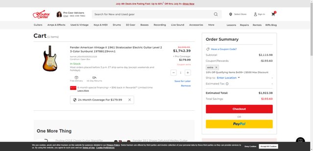 Guitar Center checkout page showing Guitar Center coupon code box | Screenshot taken by SimplyCodes community member on Jul 8, 2025