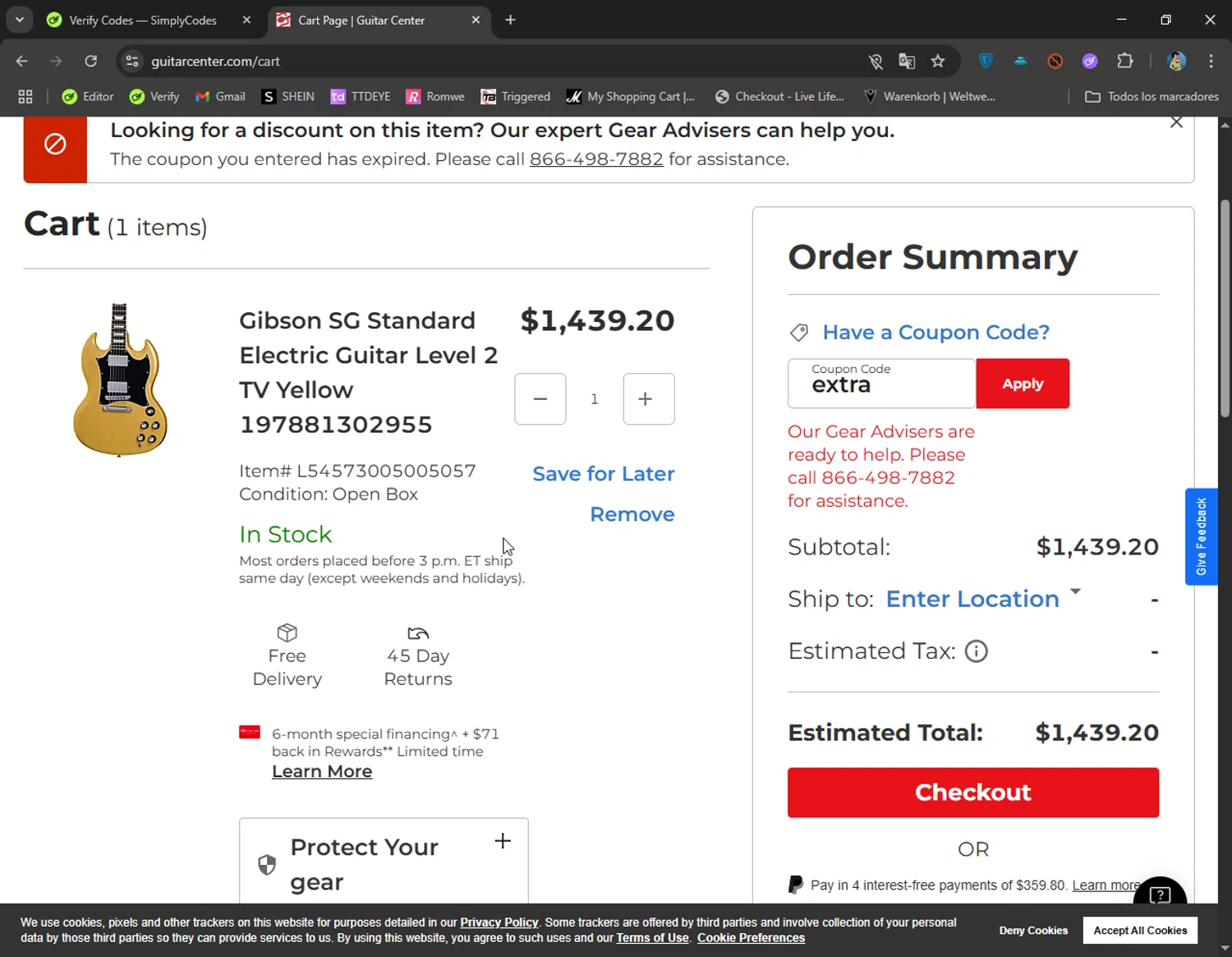 Guitar Center coupon code screenshot showing code extra applied at Guitar Center checkout page. Uploaded by SimplyCodes community member CoolMcCool on Jul 12, 2025