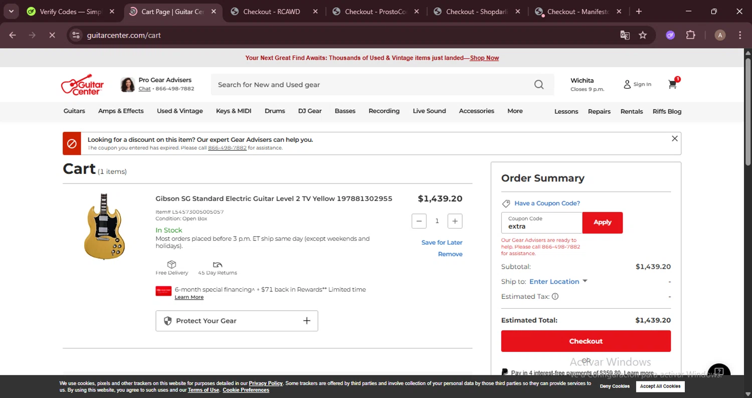 Guitar Center coupon code screenshot showing code extra applied at Guitar Center checkout page. Uploaded by SimplyCodes community member GoldRanger7896 on Jul 12, 2025