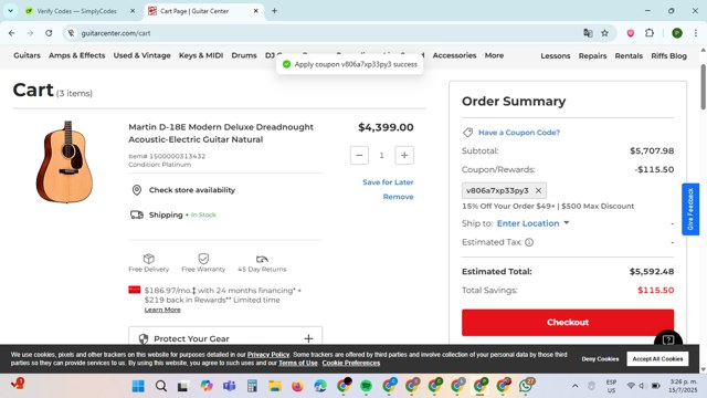 Guitar Center checkout page showing Guitar Center coupon code box | Screenshot taken by SimplyCodes community member on Jul 15, 2025