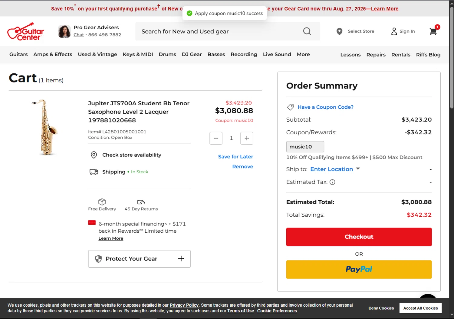 Guitar Center coupon code screenshot showing code music10 applied at Guitar Center checkout page. Uploaded by SimplyCodes community member BargainSaver8204 on Aug 27, 2025