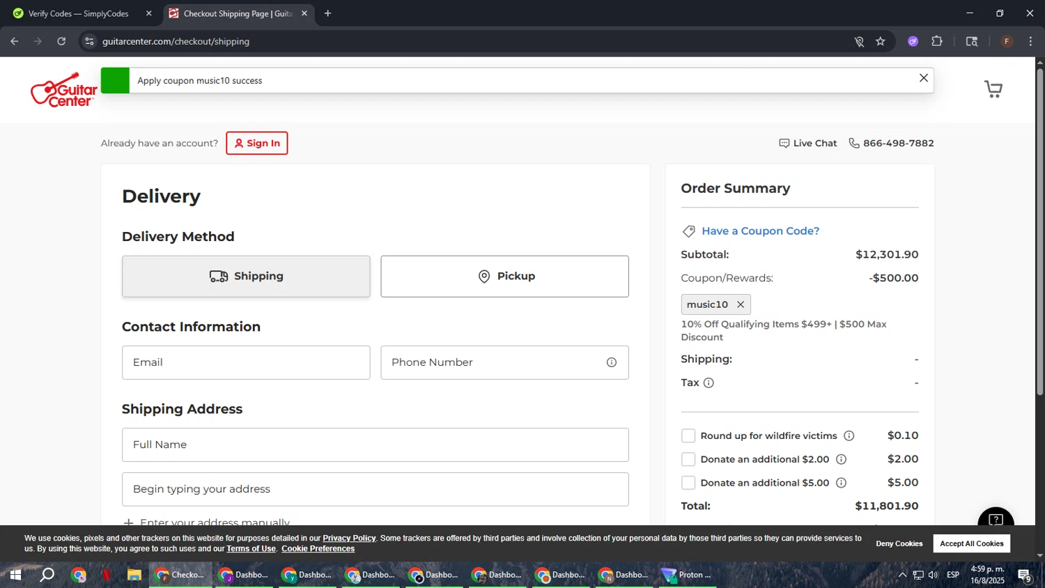 Guitar Center coupon code screenshot showing code music10 applied at Guitar Center checkout page. Uploaded by SimplyCodes community member ExtraordinaryHunter3076 on Aug 16, 2025