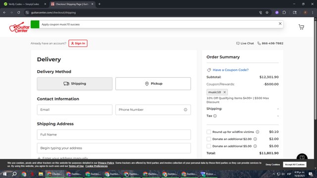 Guitar Center checkout page showing Guitar Center coupon code box | Screenshot taken by SimplyCodes community member on Aug 16, 2025