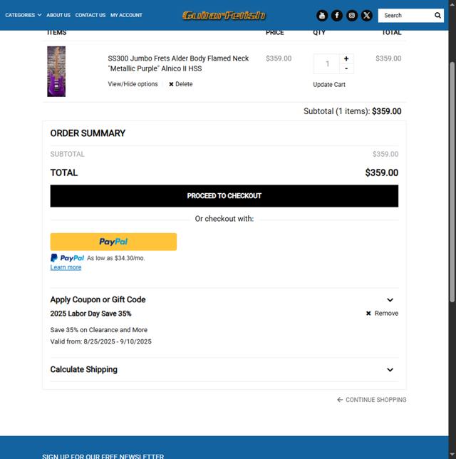 Guitarfetish checkout page showing Guitarfetish promo code box | Screenshot taken by SimplyCodes community member on Sep 6, 2025