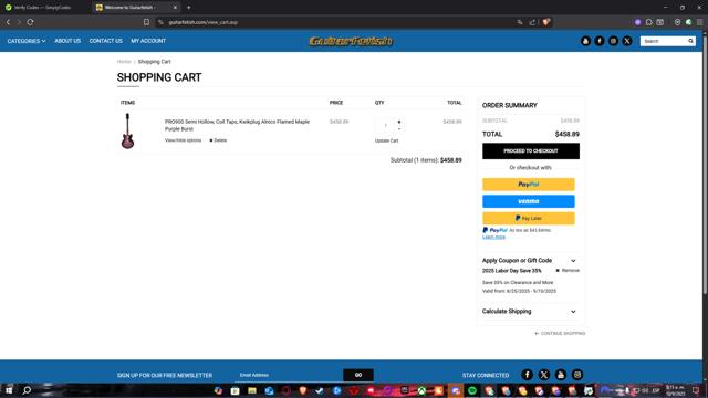 Guitarfetish checkout page showing Guitarfetish promo code box | Screenshot taken by SimplyCodes community member on Sep 10, 2025