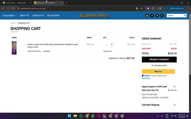 Guitarfetish checkout page showing Guitarfetish promo code box | Screenshot taken by SimplyCodes community member on Sep 6, 2025