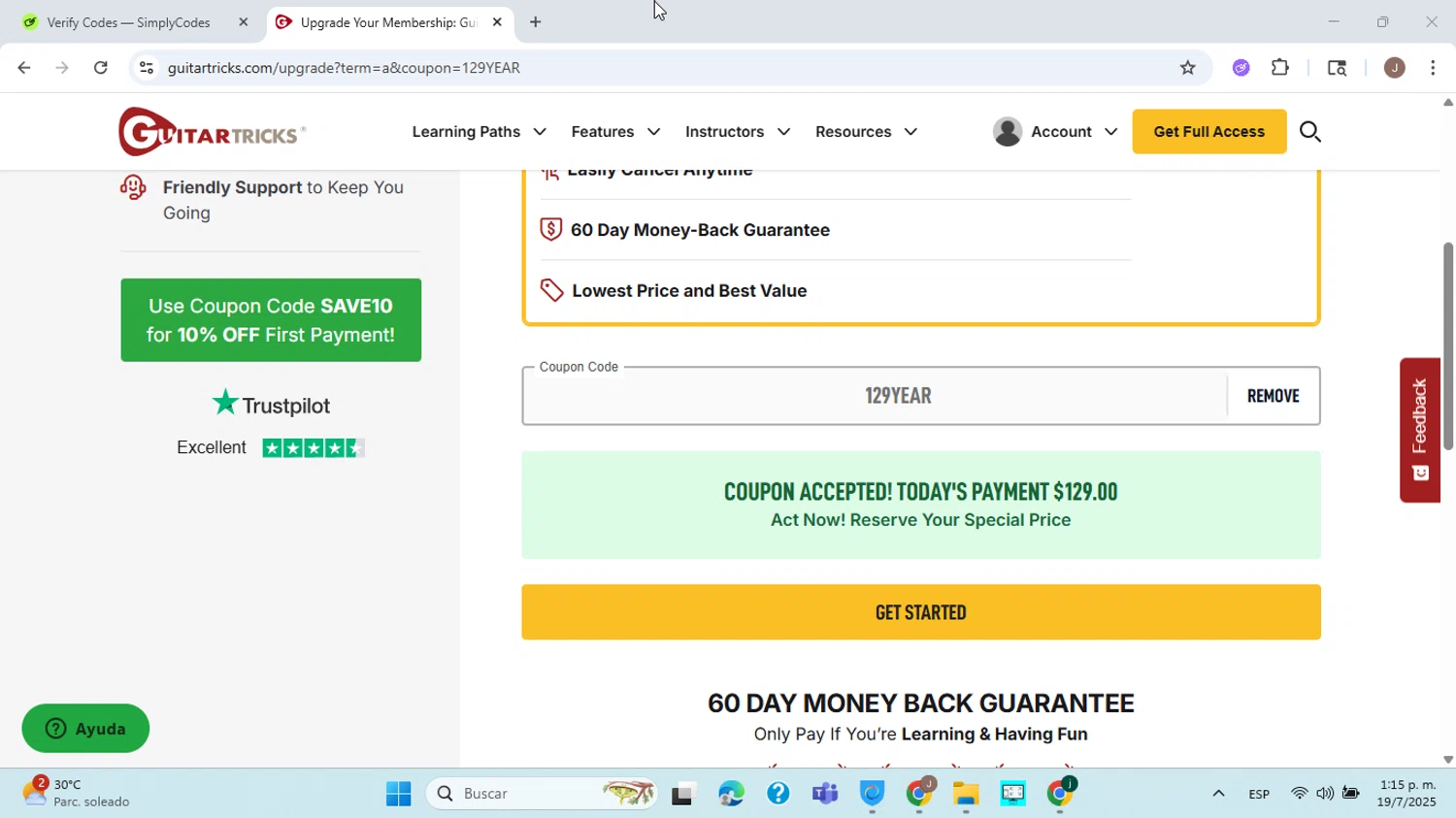 Guitar Tricks coupon code screenshot showing code 129YEAR applied at Guitar Tricks checkout page. Uploaded by SimplyCodes community member ABHF23 on Jul 19, 2025