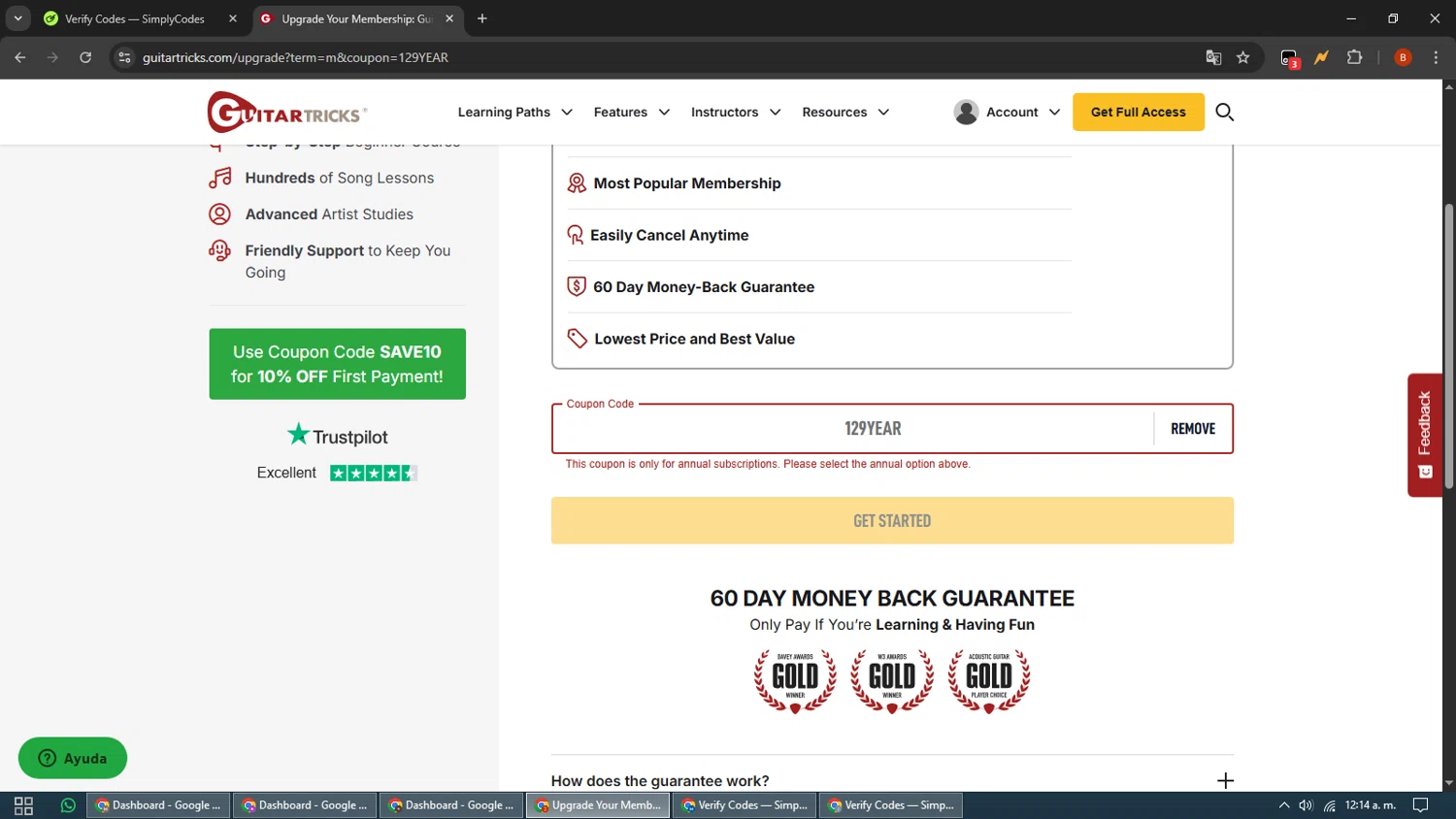 Guitar Tricks coupon code screenshot showing code 129YEAR applied at Guitar Tricks checkout page. Uploaded by SimplyCodes community member BrilliantLynx7174 on Sep 19, 2025