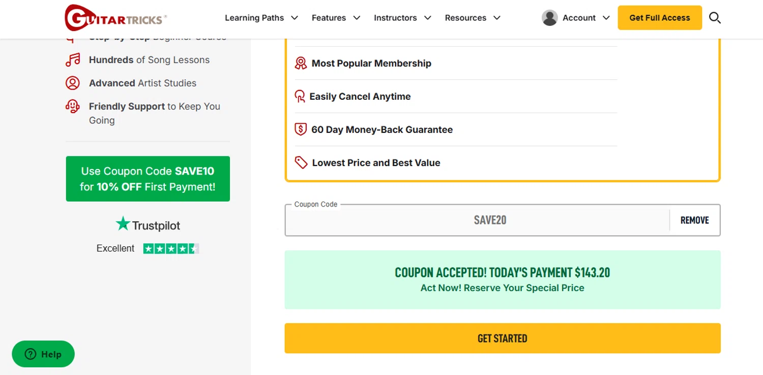 Guitar Tricks coupon code screenshot showing code SAVE20 applied at Guitar Tricks checkout page. Uploaded by SimplyCodes community member tuvalu10 on Jul 24, 2025