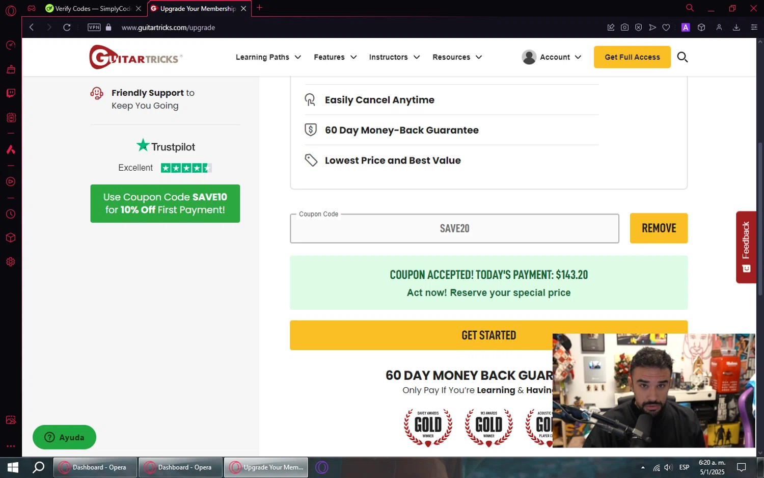 Guitar Tricks coupon code screenshot showing code SAVE20 applied at Guitar Tricks checkout page. Uploaded by SimplyCodes community member TreasureVoyager1860 on Jan 5, 2025
