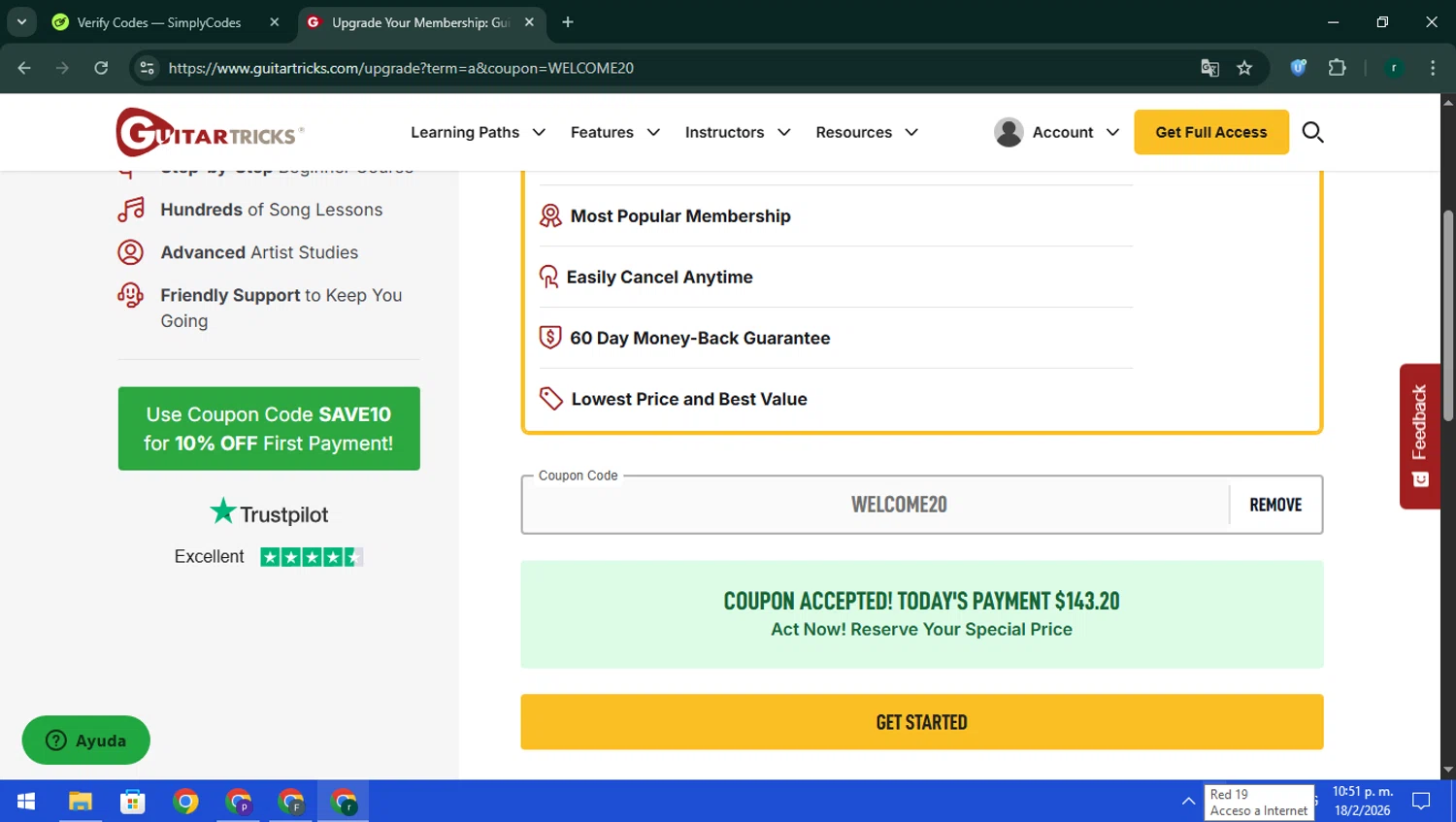 Guitar Tricks coupon code screenshot showing code WELCOME20 applied at Guitar Tricks checkout page. Uploaded by SimplyCodes community member rodri1 on Feb 19, 2026