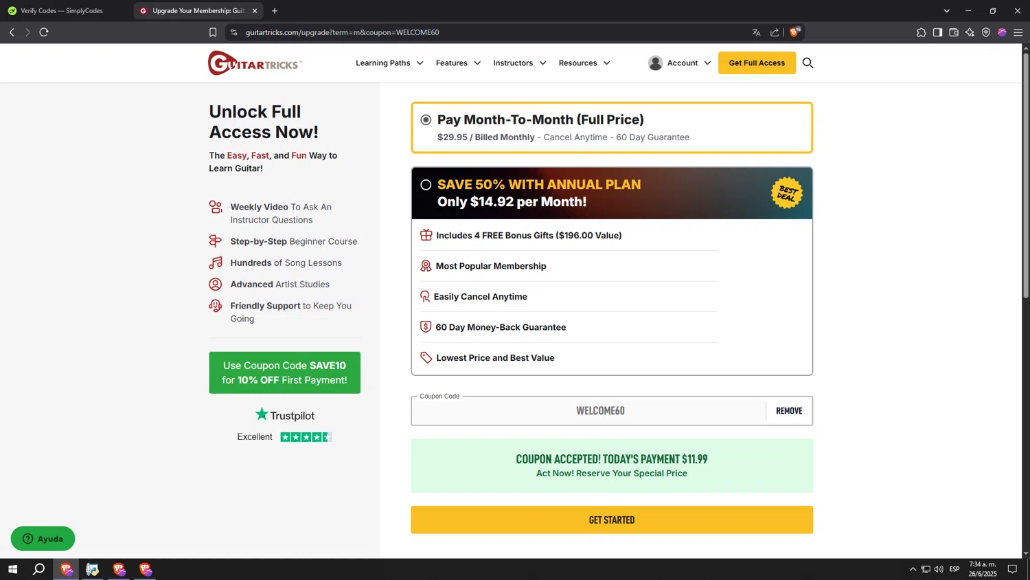 Guitar Tricks coupon code screenshot showing code WELCOME60 applied at Guitar Tricks checkout page. Uploaded by SimplyCodes community member kkkkkkkkkkkkkkkkkkkk on Jun 26, 2025