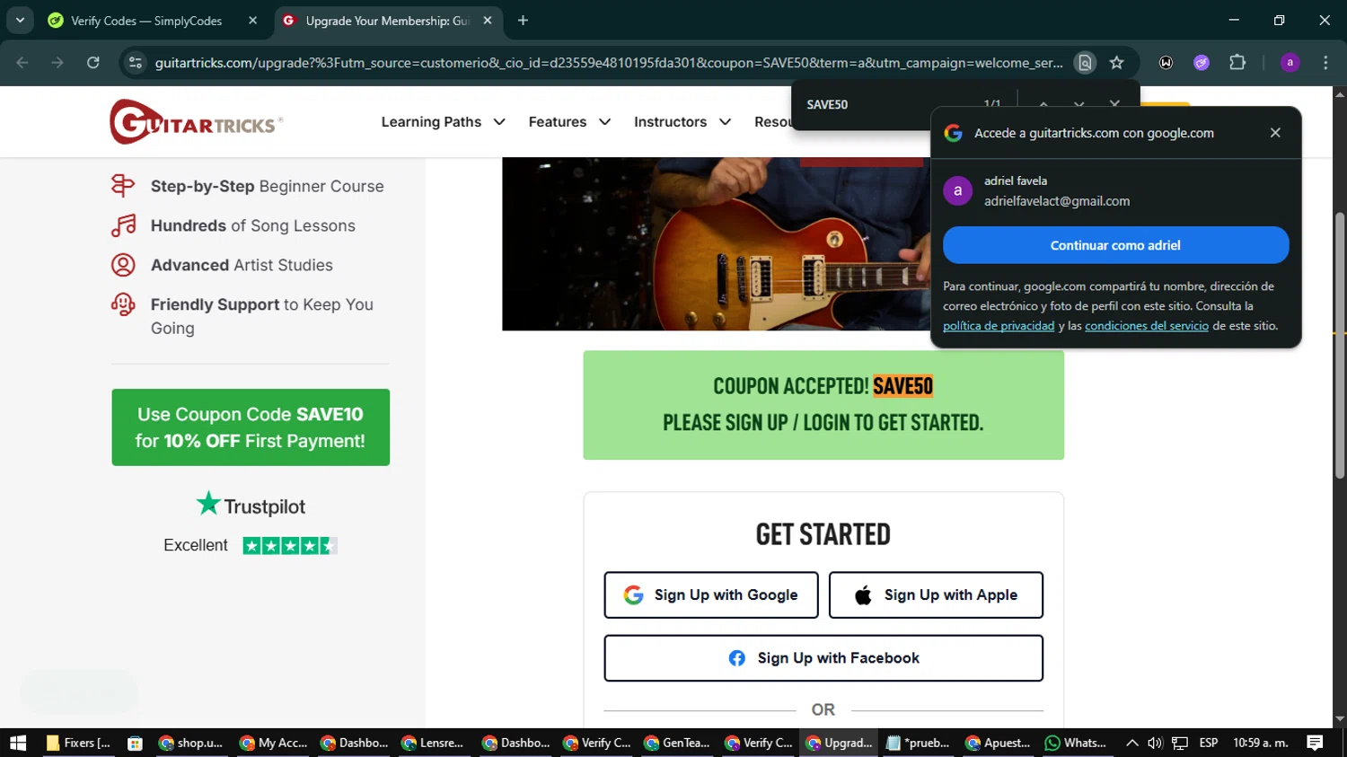 Guitar Tricks checkout page showing Guitar Tricks coupon code box | Screenshot taken by SimplyCodes community member on Oct 23, 2025