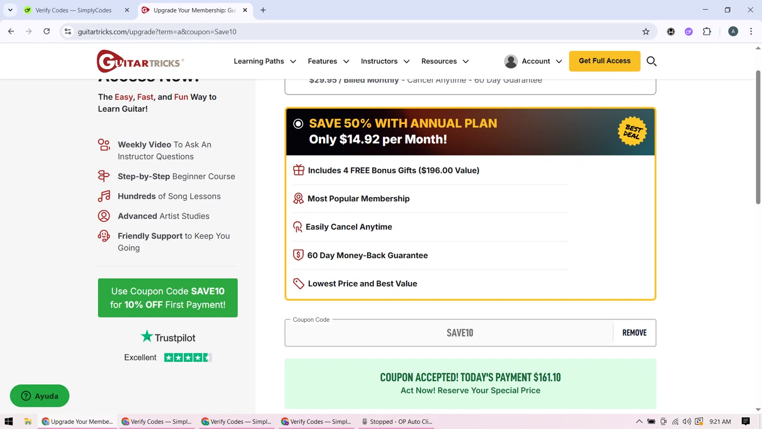Guitar Tricks coupon code screenshot showing code Save10 applied at Guitar Tricks checkout page. Uploaded by SimplyCodes community member BonusMonarch7015 on Aug 16, 2025