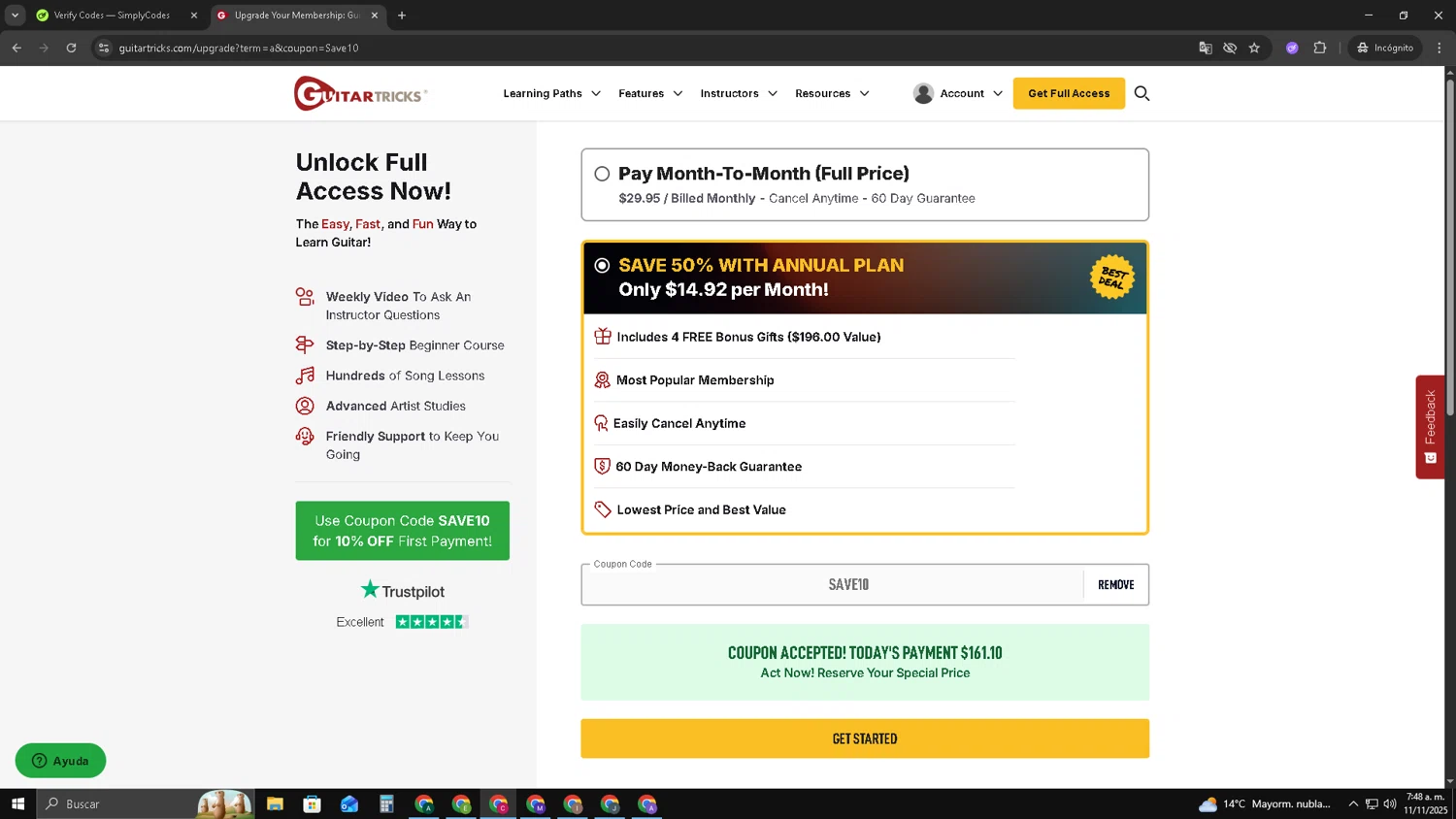 Guitar Tricks coupon code screenshot showing code Save10 applied at Guitar Tricks checkout page. Uploaded by SimplyCodes community member TOROREX250 on Nov 11, 2025