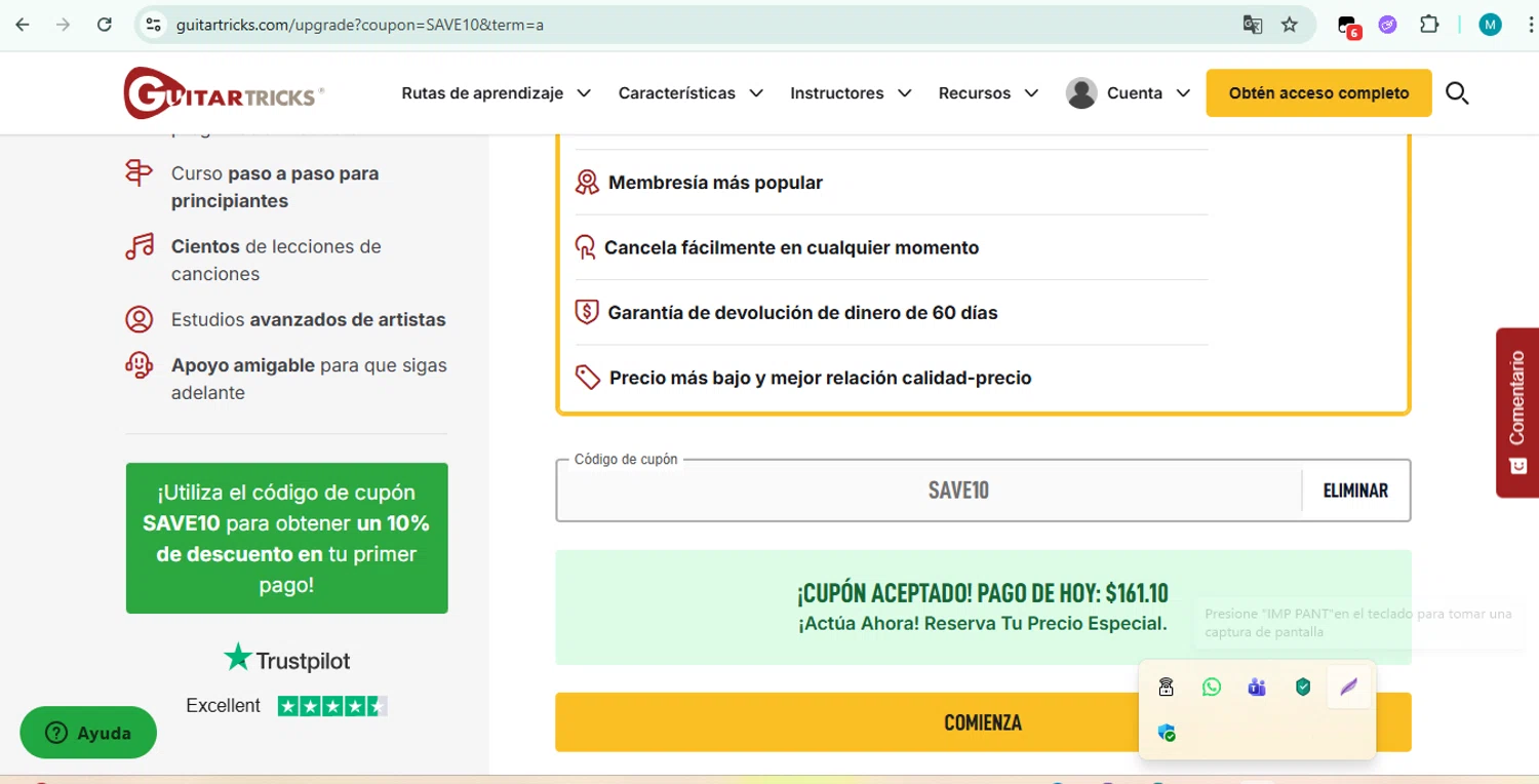 Guitar Tricks coupon code screenshot showing code Save10 applied at Guitar Tricks checkout page. Uploaded by SimplyCodes community member marieuge on Nov 11, 2025