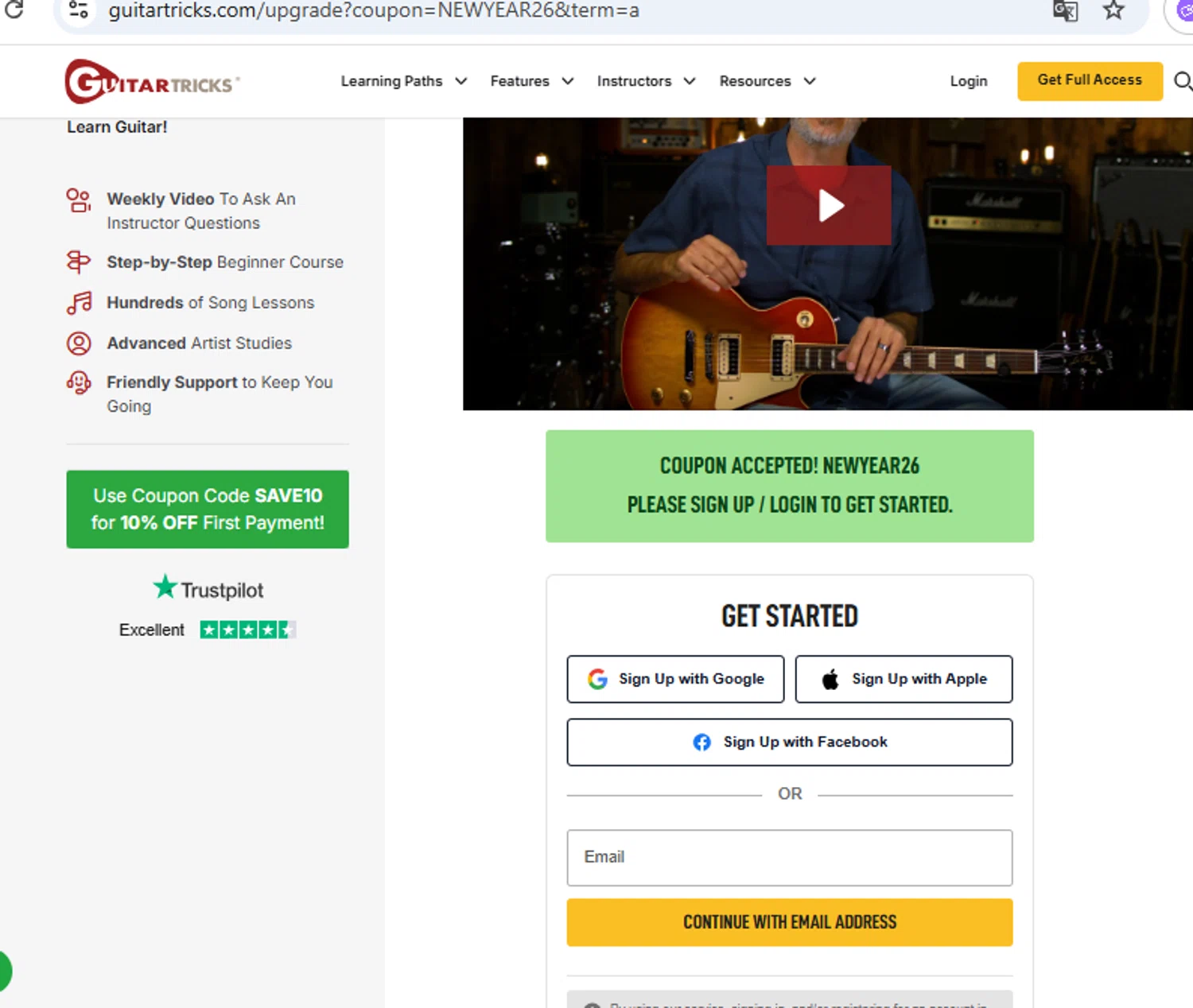 Guitar Tricks checkout page showing Guitar Tricks coupon code box | Screenshot taken by SimplyCodes community member on Jan 2, 2026
