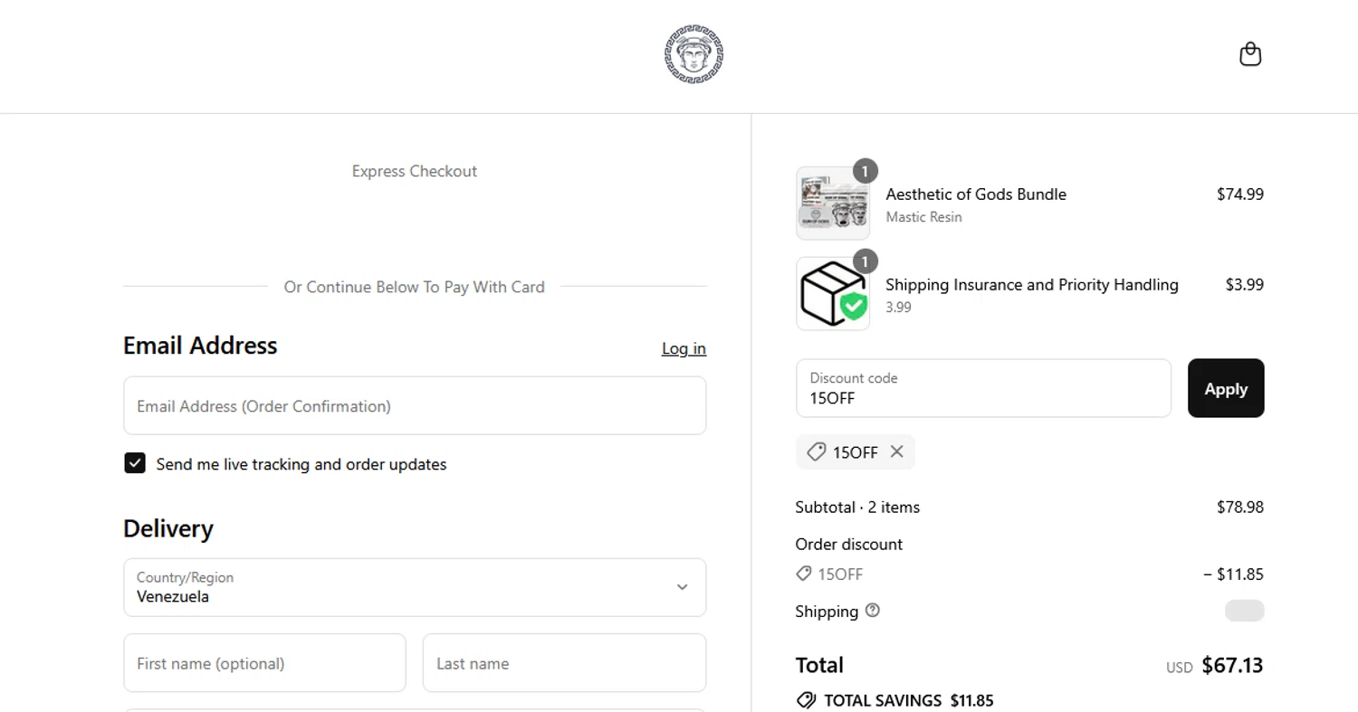 Gum of Gods US promo code screenshot showing code 15OFF applied at Gum of Gods US checkout page. Uploaded by SimplyCodes community member pkwhite on Jul 5, 2025