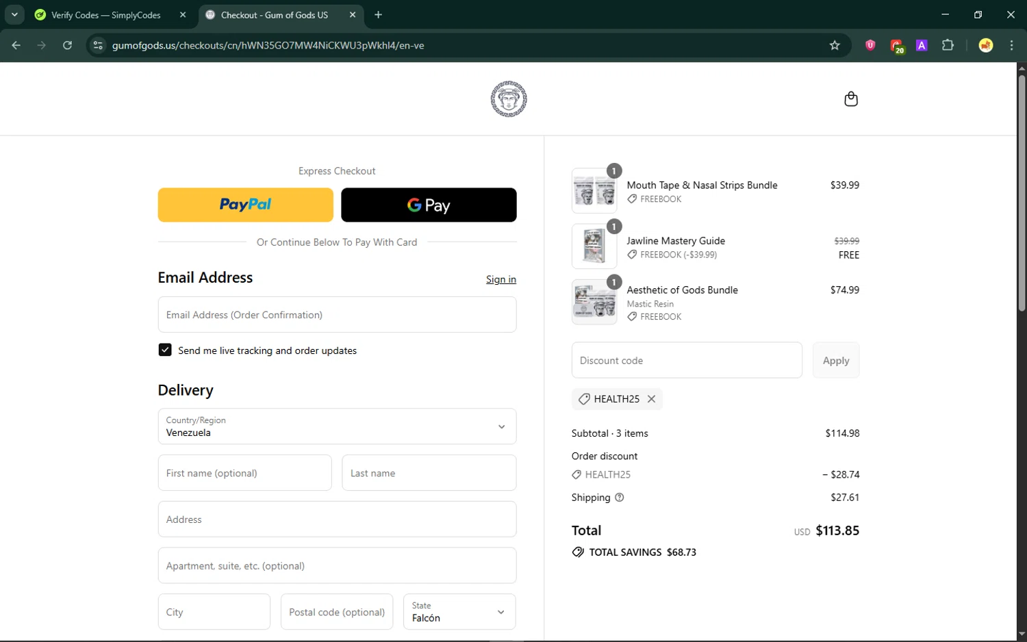 Gum of Gods US promo code screenshot showing code HEALTH25 applied at Gum of Gods US checkout page. Uploaded by SimplyCodes community member ShrewdCaptain9911 on Sep 17, 2025