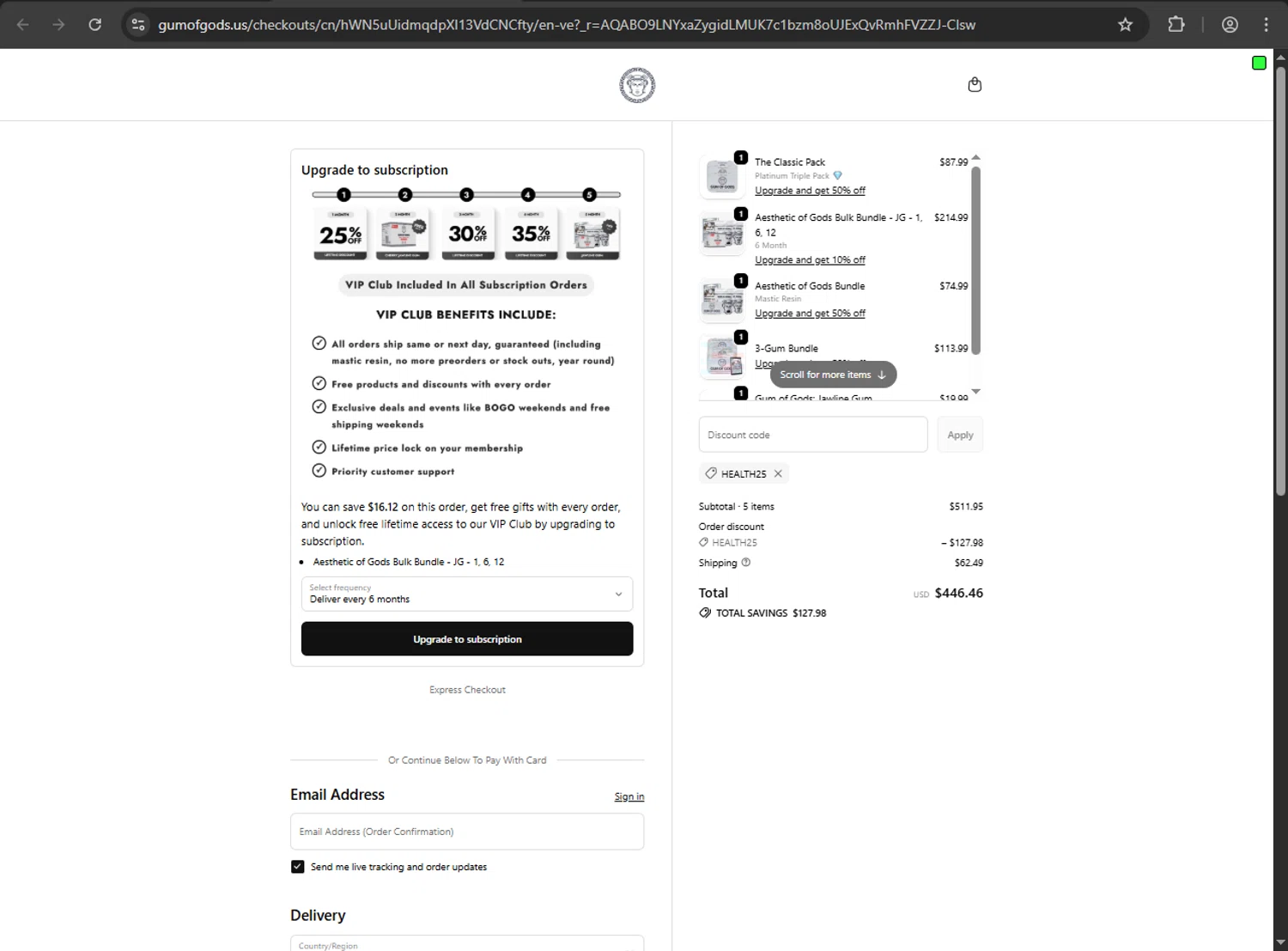 Gum of Gods US promo code screenshot showing code HEALTH25 applied at Gum of Gods US checkout page. Uploaded by SimplyCodes community member jickselyspolanco on Dec 1, 2025
