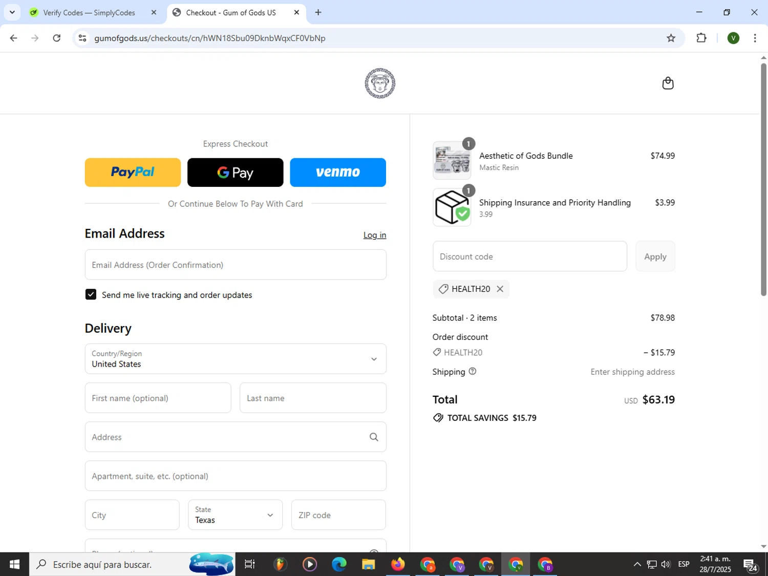 Gum of Gods US promo code screenshot showing code HEALTH20 applied at Gum of Gods US checkout page. Uploaded by SimplyCodes community member PrimeWizard4168 on Jul 28, 2025